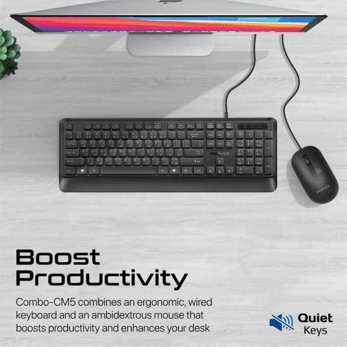 Promate Wired Keyboard and Mouse Combo, Ergonomic Slim Full-Size Quiet Keyboard with 2400 DPI Mouse, Palm Rest, Angled Kickstand and Anti-Slip Silicone Grip for iMac, MacBook Pro, Dell, COMBO-CM5.E/A - Image 2
