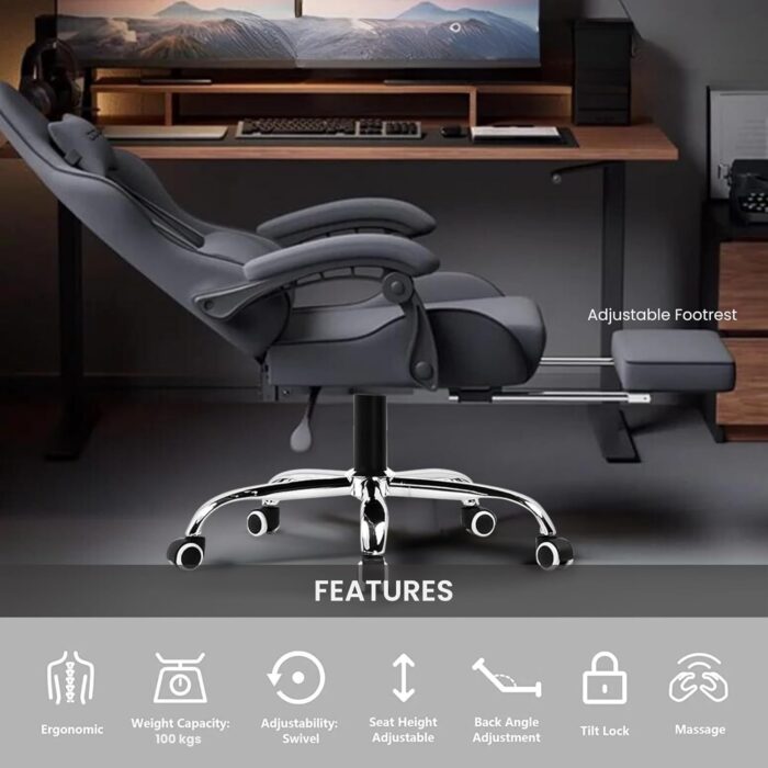 Dowinx Gaming Chair – Massage Cushion, Breathable Fabric, Ergonomic Design with Footrest, 360° Swivel, Adjustable Neck & Lumbar Pillow for Back Support, Home & Office Chair - Image 5