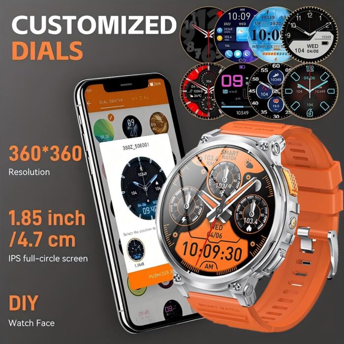 Military Smart Watch for Men with LED Flashlight 1.85” Rugged Smart Watch 730mAh Battery 114 Sports Modes Fitness Watch Heart Rate Sleep Tracker Tactical Smartwatch for iOS Android,Orange - Image 3