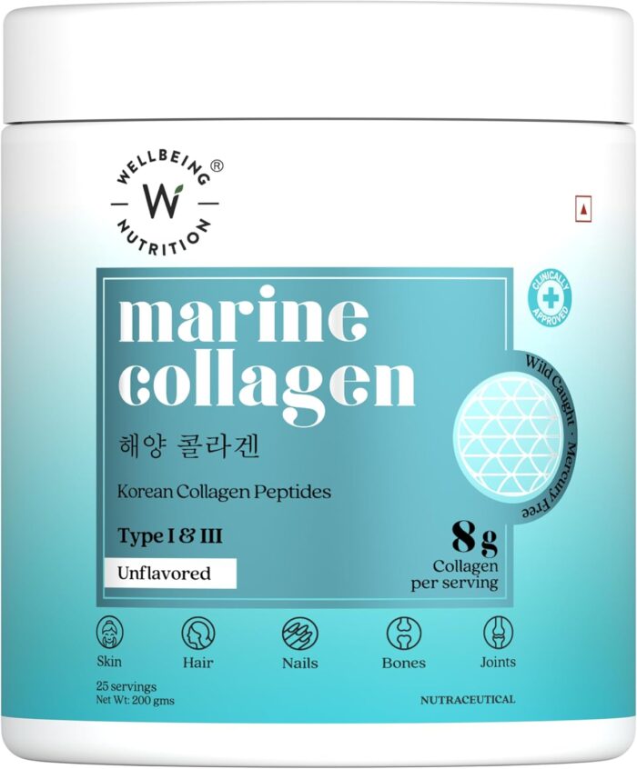 WELLBEING NUTRITION Pure Korean Marine Collagen Powder | Hydrolyzed Type 1 & 3 Collagen Protein and Amino Acids |Supports Healthy Skin, Hair, Nails, Bone & Joint, Non GMO, Unflavored – 200g