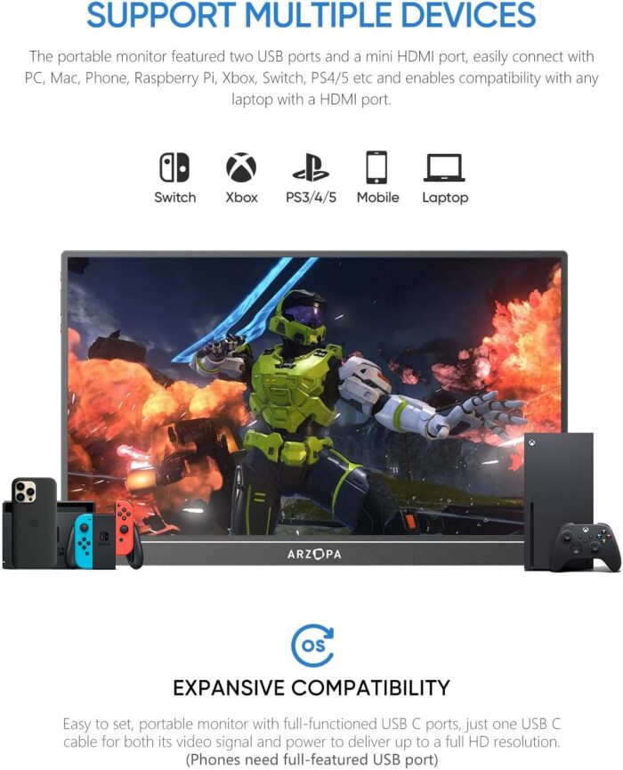 ARZOPA 16" 2.5K Portable Monitor, 2560x1600 QHD IPS Display 123% sRGB with Built-in Stand USB-C HDMI Eye Care External Second Screen for Mac Laptop Phone PS4/5 Xbox Switch -Z1RC - Image 7