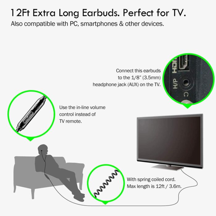 C G CHANGEEK Extra Long Wired Headphone for TV with 12FT Spring Coiled Extension Cable, Earphones Earbuds for 3.5mm Audio Output Devices, Metal Stereo Bass in-Ear Headset with Volume Control-ChanGeek - Image 2