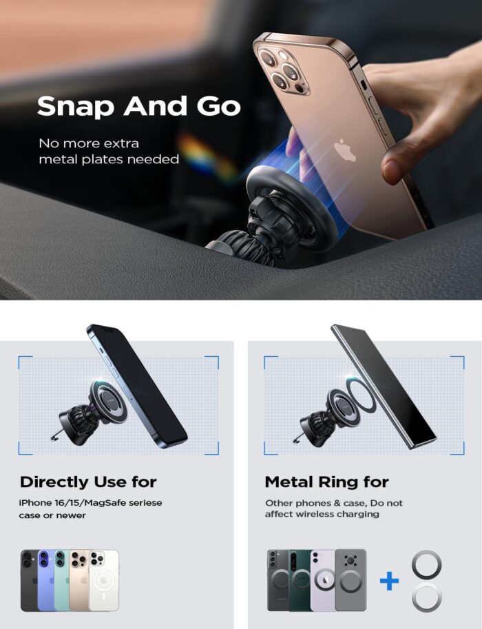 LISEN Fits MagSafe Car Mount, Vent Dashboard Car Phone Holder Magnetic Hands-Free MagSafe Accessories Mobile Phone Holder For iPhone 16 Pro Max Plus 15/14/13/12 - Image 5