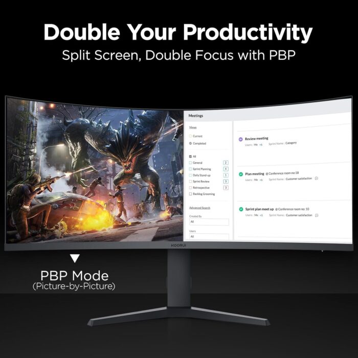 KOORUI 34-inch Curved Ultrawide WQHD 3440×1440 Gaming Monitor, 165Hz 1000R- PIP/PBP, 1ms(MPRT), HDR400, DCI-P3 95%, FreeSync Premium, 1 x DP 1.4 & 2 x HDMI 2.0, Tilt Height Swivel Adjustment, 34E6UC - Image 4