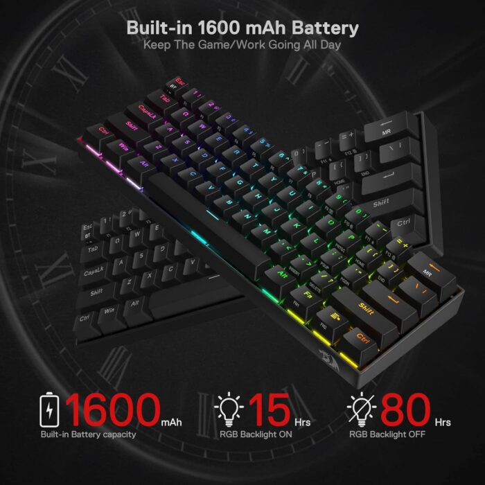 Redragon K530 Pro Draconic 60% Wireless RGB Mechanical Keyboard, Bluetooth/2.4Ghz/Wired 3-Mode 61 Keys Compact Gaming Keyboard w/100% Hot-Swap Socket, Free-Mod Plate Mounted PCB & Tactile Brown Switch - Image 7