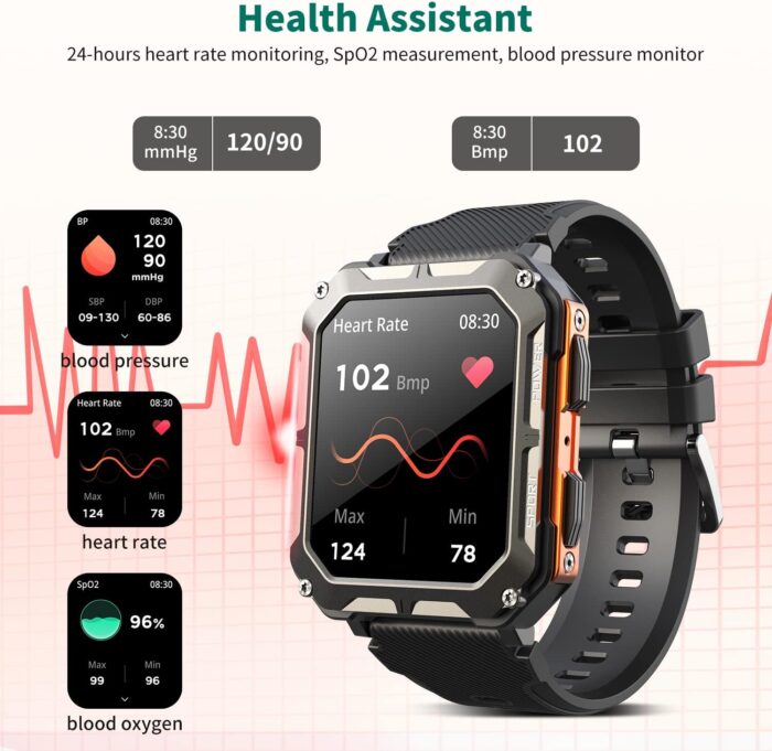 MIGOUFIT Smart watch military for men with call dials that can make calls and answer calls compatible for iOS Android, Fitness Activity tracker with IP68 Waterproof Ai voice, with 123 Sports Modes - Image 6