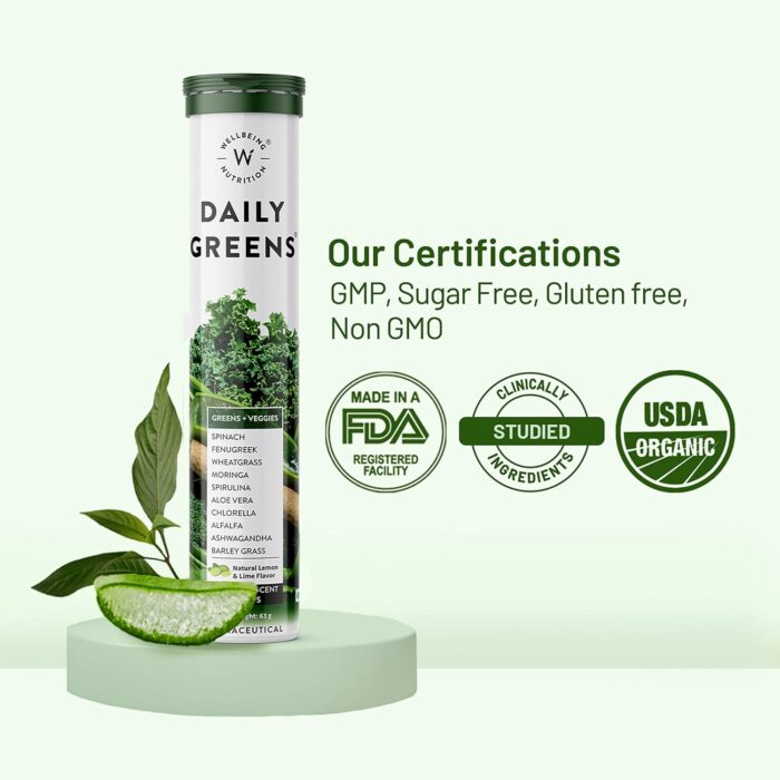 Wellbeing Nutrition Daily Greens, Wholefood Multivitamin with Vitamin C, Zinc, B6, B12, Iron for Immunity and Detox with 39+ Organic Certified Plant Superfoods & Antioxidants(15 Effervescent Tablets) - Image 3
