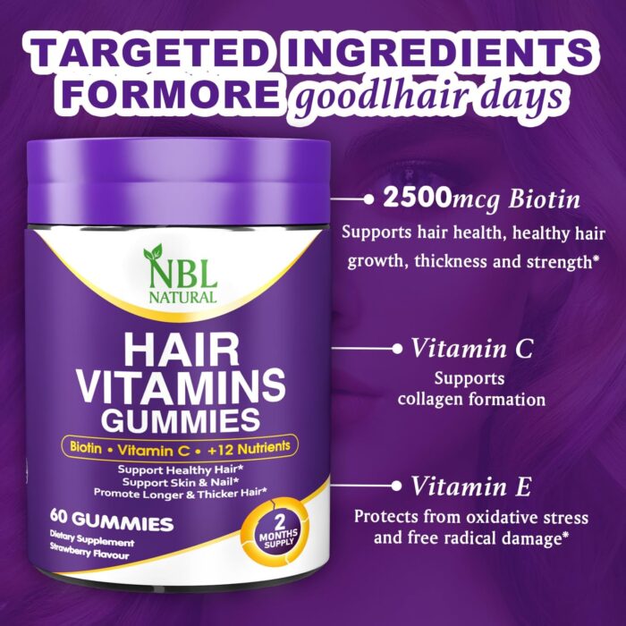 NBL Natural Hair Vitamins 60 Gummies Supplement with Vitamin C, Biotin & Folic Acid Supports Hair Growth, Hair Loss, Healthy Hair, Skin & Nails | Hair Multivitamins Supplements for Men Women's - Image 2