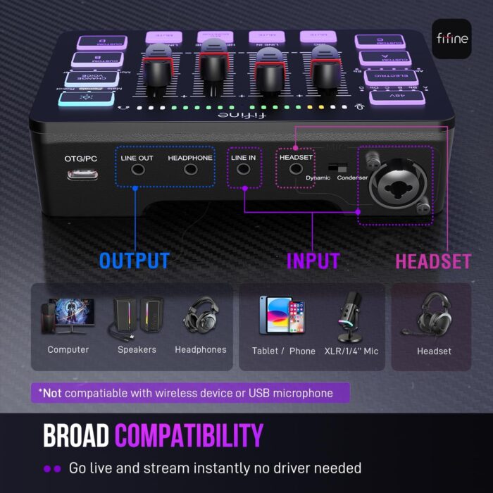 FIFINE Gaming Audio Mixer, Streaming RGB PC Mixer with XLR Microphone Interface, Individual Control, Volume Fader, Mute Button, 48V Phantom Power, for Podcast/Recording/Vocal/Game Voice-AmpliGame SC3 - Image 4