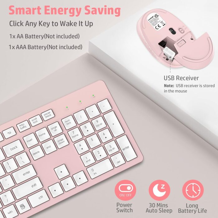 LeadsaiL Wireless Keyboard and Mouse Combo, Full-Sized Ergonomic Computer Keyboard, 2.4GHz Cordless Keyboard Silent Mouse Set with 2-in-1 USB Receiver, 12 FN Shortcuts for Windows Laptop, PC/Mac-Pink - Image 5