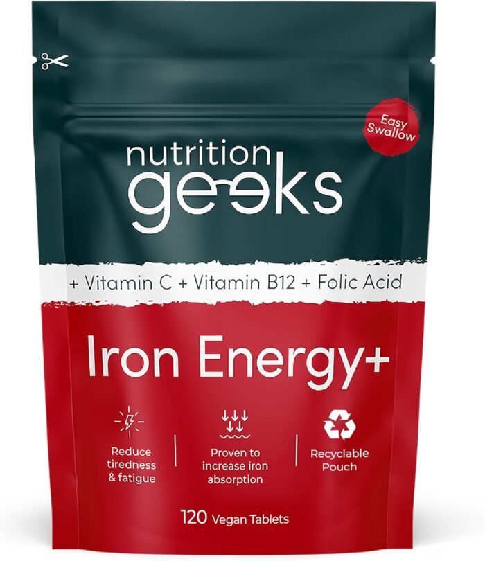 Iron Tablets High Strength – Energy Tablets with Vitamin C, B12 & Folic Acid – 120 Vegan Iron Supplements for Women and Men – 14mg – Enhanced Energy Support & Increased Absorption – UK Made