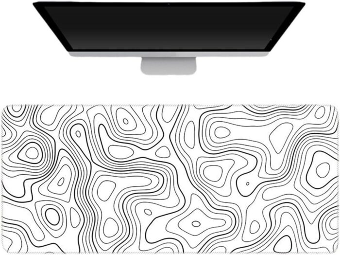 ECVV Gaming Mouse Pad XL – 80x30cm Large Mouse Mat with Anti-Slip Rubber Base for Keyboard and Mouse, for Home and Office（White with Black Topographic Line）