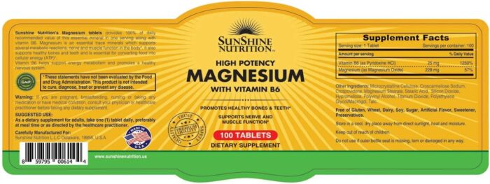 Sunshine Nutrition High Potency Magnesium With Vitamin B6 100 Tablets | To Promotes Healthy Bones - Image 3