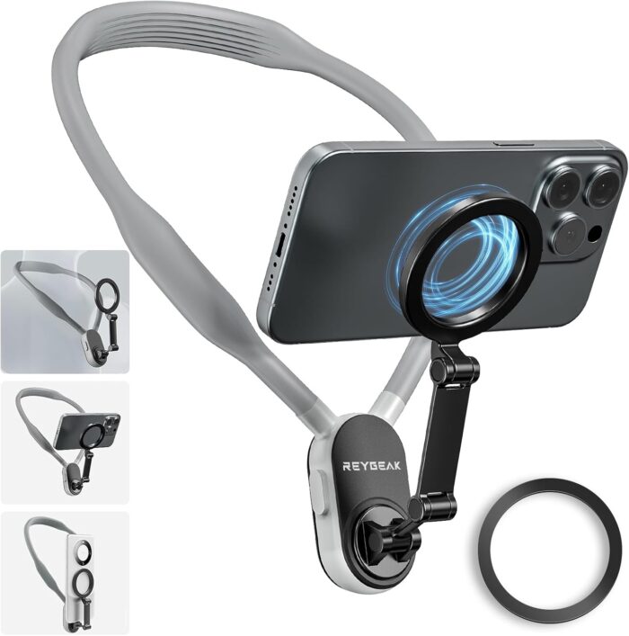 REYGEAK for Magsafe POV Neck Mount for iPhone 15/14/13/12 Pro Mini/Plus/Pro/Pro Max,Hand Free Necklace Phone Mount Stand with Magnetizer Ring for Mobile Phone Accessory