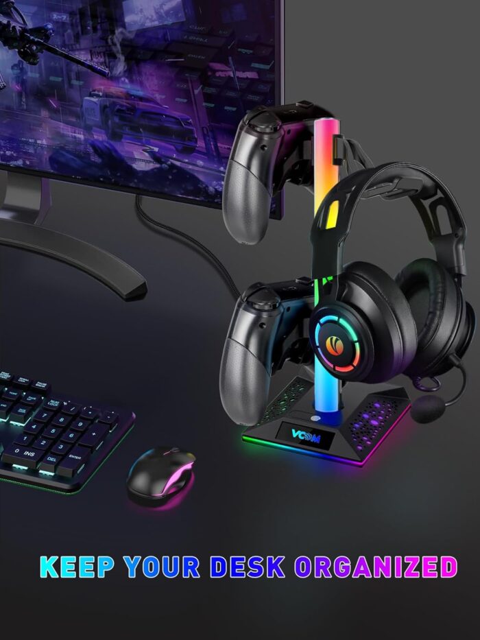 VCOM RGB Headphone Stand with 10 Light Modes, Gaming Controller Holder with 2 USB Ports, PC Gaming Accessories for Desk, Universal Organizer Headpsets/Xbox PS5 Controller Stand Gamer gifts - Image 5
