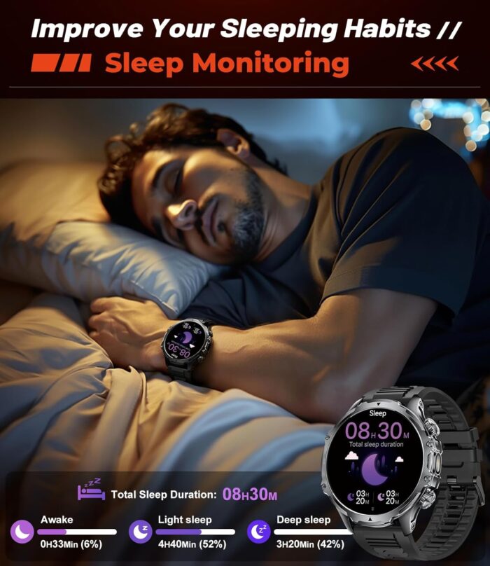 HIRREO Military Smart Watch for Men, 1.85'' HD Large Screen Smartwatch, Flashlight/IP68 Waterproof/800mAh/Pedometer/100+ Sports Fitness Tracker, Mens Smart Watches for Android iPhone Compatible - Image 8