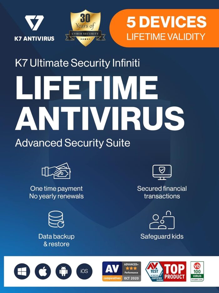 K7 Ultimate Security Infiniti Lifetime Validity Antivirus 2024 | 5 Devices | Threat Protection, Internet Security, Data Backup,Mobile Protection| Windows PC, Mac®,Android,iOS