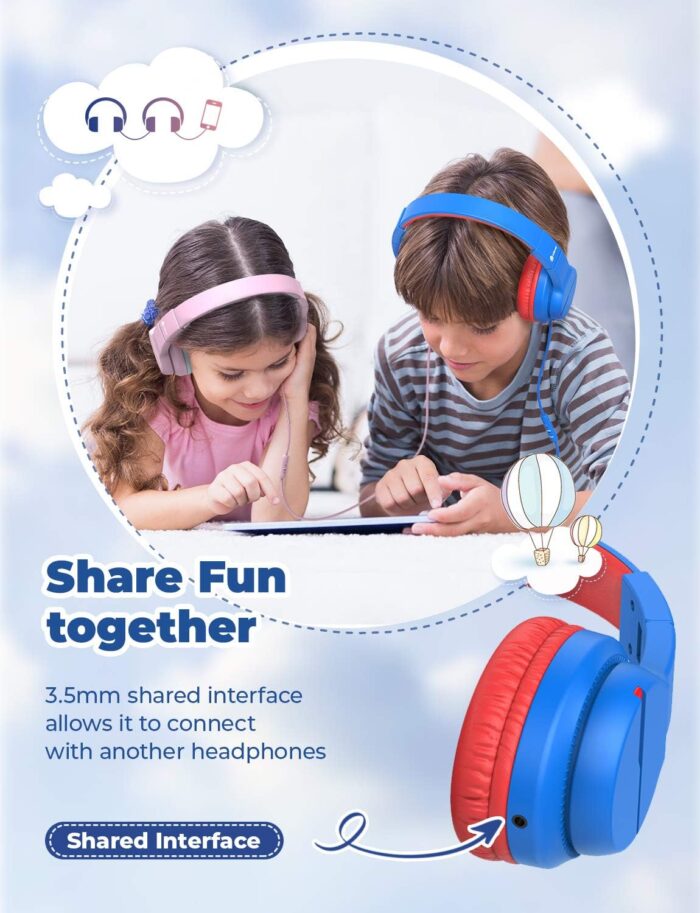 iClever Kids Headphones with Microphone for School, Volume Limiter 74/85dBA, Over-Ear Boys Headphones for Kids with Shareport, Wired Headphones for iPad/Fire Tablet, Blue - Image 5