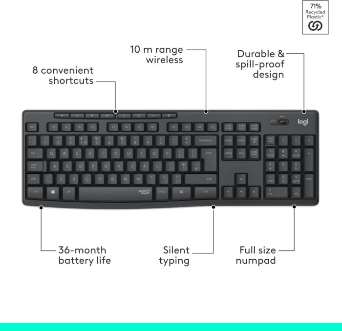 Logitech MK295 Silent Wireless Mouse & Keyboard Combo with SilentTouch Technology, Full Numpad, Advanced Optical Tracking, Lag-Free Wireless, 90% Less Noise, AR Keyboard - Graphite - Image 7