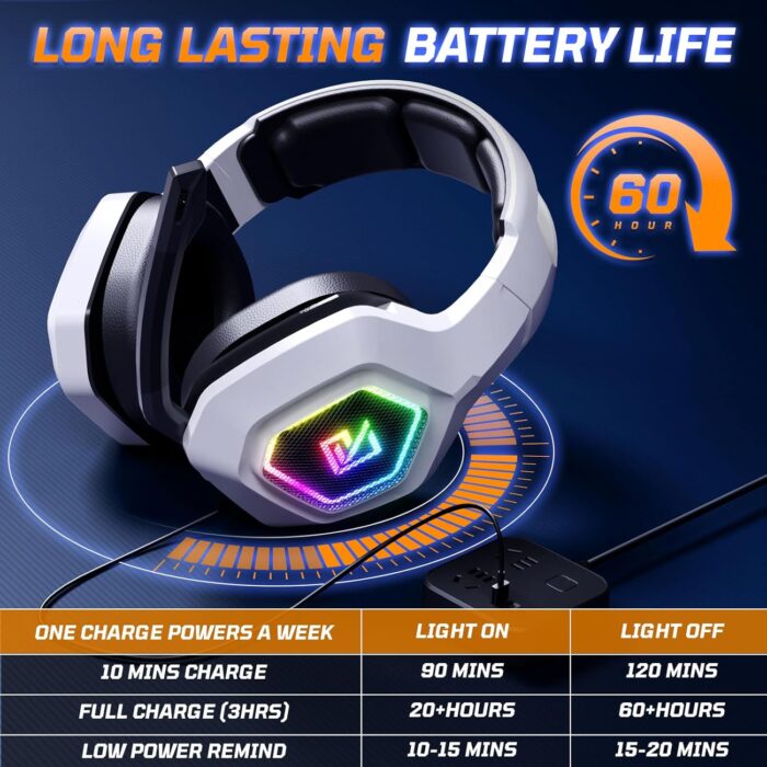 Garlo Wireless Gaming Headset with 7.1 Surround Sound & 60H+ Hrs, 2.4GHz/Wired/Bluetooth Gaming Headphones with USB and Type-c, RGB Over Ear Headphones for Pc, Ps4, Ps5, Switch, Laptop, Mobile, Mac - Image 6