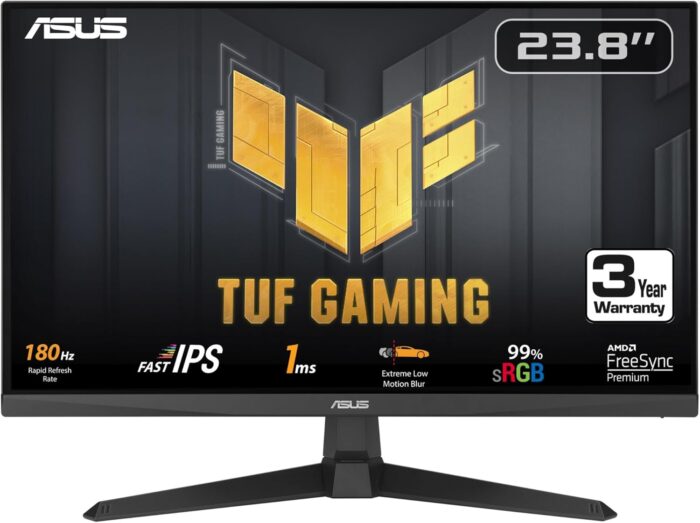 ASUS TUF Gaming 24” (23.8 inch viewable) 1080P Monitor (VG249Q3A) – Full HD, 180Hz, 1ms, Fast IPS, Extreme Low Motion Blur, FreeSync Premium, Speakers, DisplayPort, HDMI, Variable Overdrive, 99% Srgb
