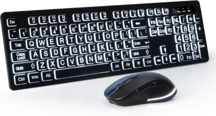 Large Print Wireless Keyboard and Mouse – Backlit Key board, Oversize Letters Keys Easy to See and Type, Rechargeable Keyboard and Mouse with Light Up Key, Compatible for PC (Single Color, Large)