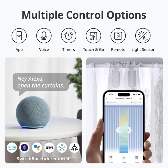 SwitchBot Automatic Curtain Opener - Bluetooth Remote Control Smart Curtain with App/Timer, Upgraded High-Performance Motor, Add SwitchBot Hub to Work with Alexa, Google Home, HomeKit (Curtain 3, Rod) - Image 8
