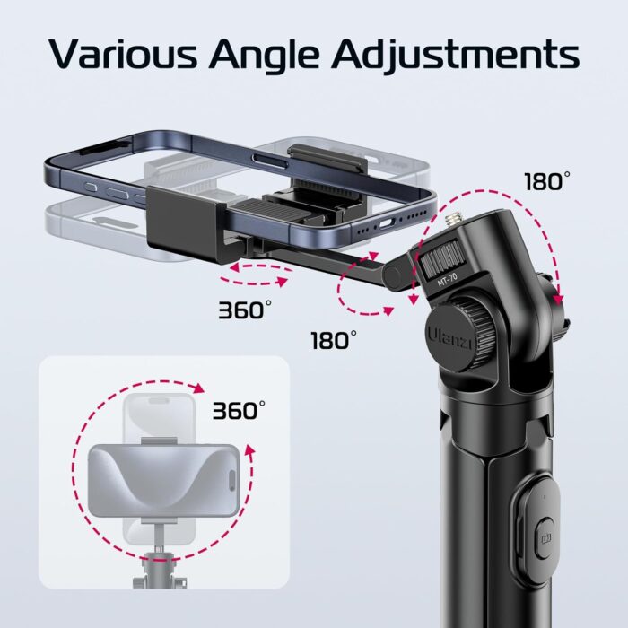ULANZI MT-70 Extendable Tripod, 63" Selfie Stick Vlog Tripod Stand with 2 Phone Clips, 360 Rotate Dual Camera Holder for iPhone, Sony, Canon, GoPro, Lightweight for Travel, Black - Image 3