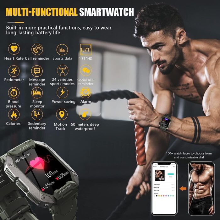 Military Smartwatch for Men Outdoor Tactical Sports Watch 5ATM Waterproof 1.71 Inch Fitness Tracker Heart Rate Sleep Monitor Smart Watch Compatible with Android iPhone Samsung (GreenExBand) - Image 2