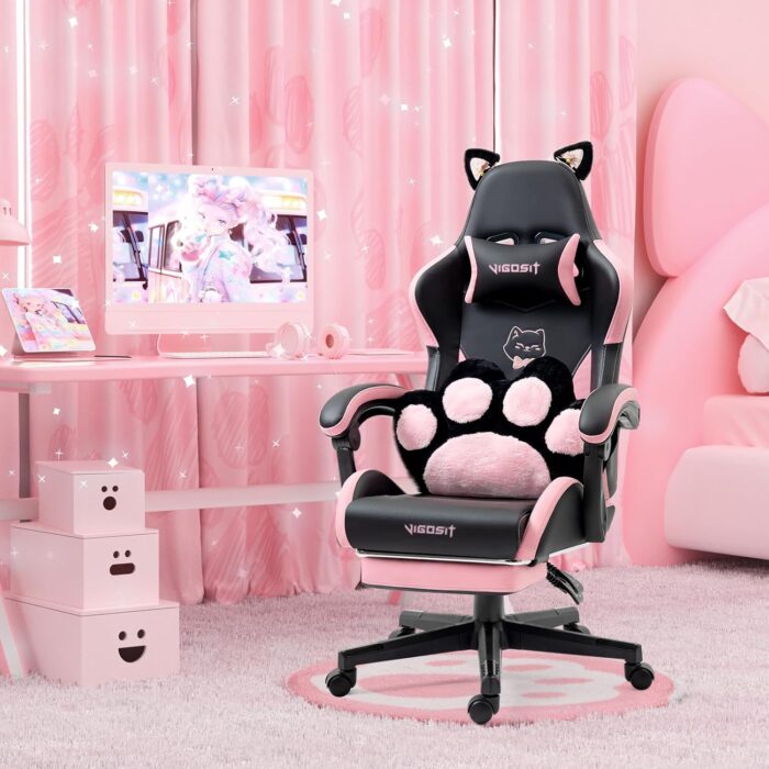 Vigosit Cat Ears PU Leather Gaming Chair Ergonomic Adjustable Office Desk Computer Chairs for Gamers Adults Kids 360 Degree Swivel Recliner 45in Height, Black Pink - Image 5
