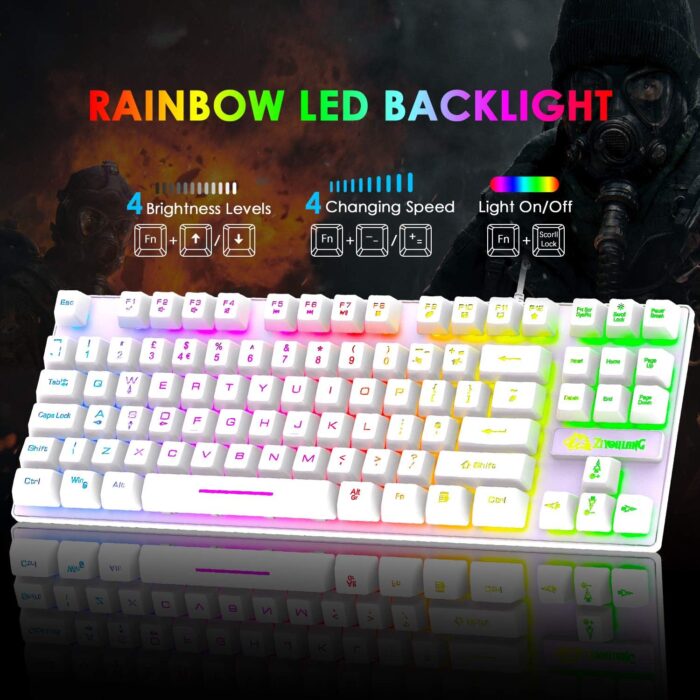FELICON Gaming Keyboard and Mouse Combo,88 Keys Compact Rainbow Backlit Mechanical Feel Keyboard,RGB Backlit 6400 DPI Lightweight Gaming Mouse with Honeycomb Shell for Windows PC Gamers (White) - Image 2
