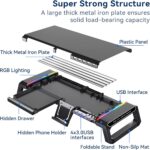 NALACAL RGB Gaming Computer Monitor Stand Riser - 4 USB 3.0 Hub, 3 Length Adjustable, Laptop Desk Shelf with Storage Drawer and Tablet Phone Holder, Desk Organizers for Desktop, Printer (Black) - Image 2