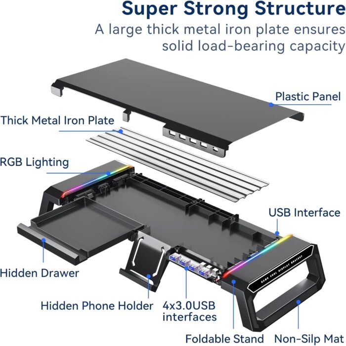 NALACAL RGB Gaming Computer Monitor Stand Riser - 4 USB 3.0 Hub, 3 Length Adjustable, Laptop Desk Shelf with Storage Drawer and Tablet Phone Holder, Desk Organizers for Desktop, Printer (Black) - Image 2