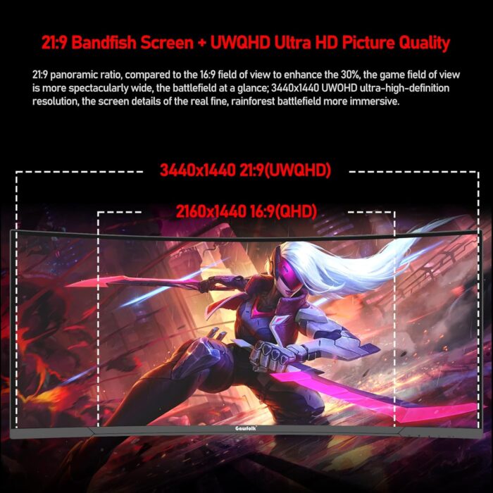 Gawfolk 34" Inch Gaming Monitor UWQHD 165Hz Curved 1500R Ultrawide 21:9 Computer Monitor 3440x1440 1ms(GTG) 100% sRGB FreeSync PIP/PBP RGB Backlight Display Screen for Office & Gaming - Image 2