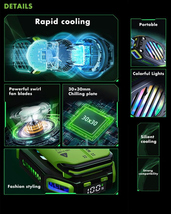 Magnetic Phone Cooler, Azonee Rechargeable Cooling Fan with RGB LED and Temperature Display, Semiconductor Phone Radiator for Mobile Gaming and Tiktok Live Streaming (Green) - Image 2