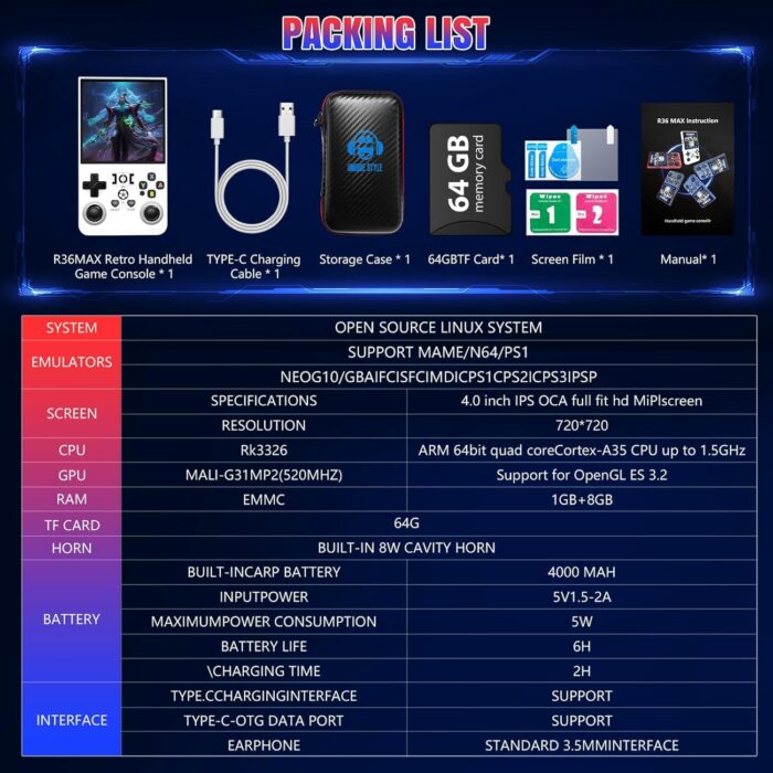 HYRAINBOW R36Max Handheld Game Console, Portable Mini Retro Handheld Game Console, 4.0 Inch IPS Video Gaming Console with 64GB TF Card Over 18000+ Pre-Installed Retro Games, 4000mAh Battery, White - Image 8