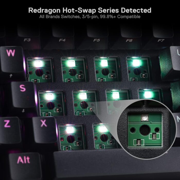 Redragon K530 Pro Draconic 60% Wireless RGB Mechanical Keyboard, Bluetooth/2.4Ghz/Wired 3-Mode 61 Keys Compact Gaming Keyboard w/100% Hot-Swap Socket, Free-Mod Plate Mounted PCB & Tactile Brown Switch - Image 3