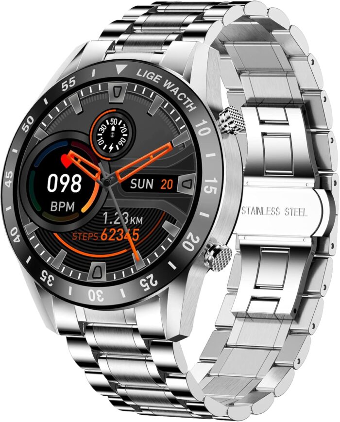 LIGE Mens Smart Watch Make/Answer Call,1.28” Full Touch Screen Fitness Tracker with Heart Rate Sleep Monitor,IP67 Waterproof Sports Stainless Steel Smartwatch with Speaker for iOS Android, Bluetooth
