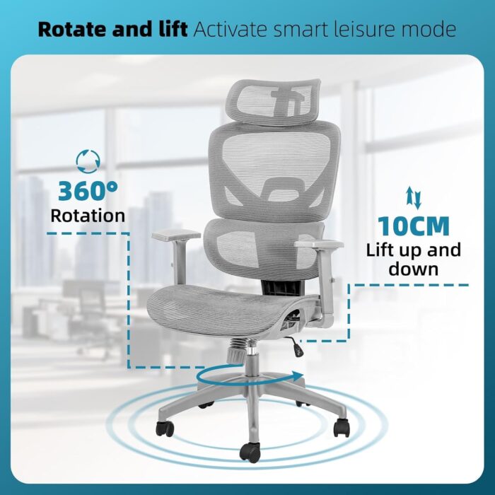Office Chair Computer Chair Ergonomic High Back Gaming Chairs Reclining & Height Adjustable Computer Chair with Neck and Massage Lumbar Support, Comfortable Armrest Headrest (Grey) - Image 6