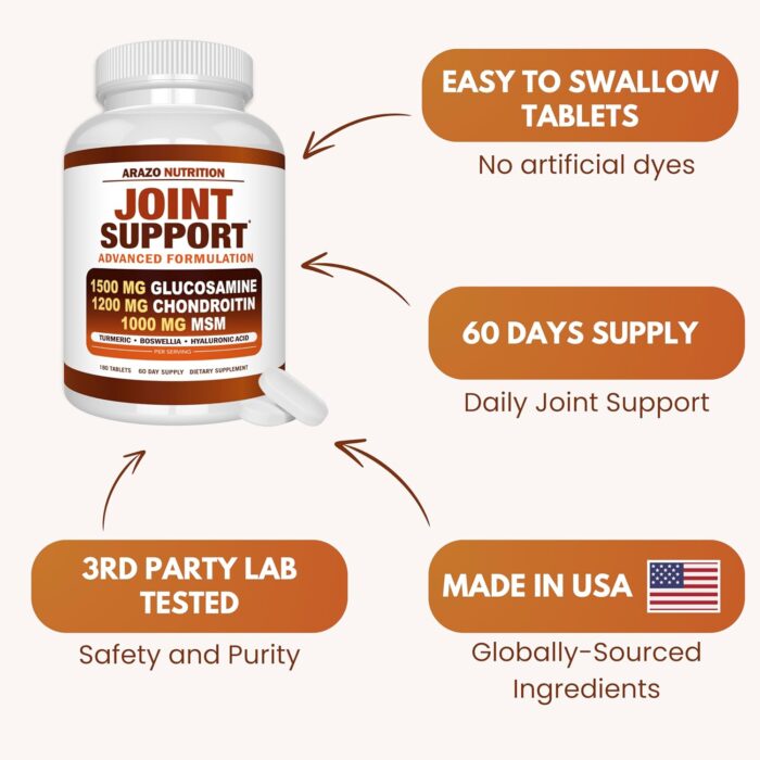 Arazo Nutrition Glucosamine Chondroitin Turmeric Msm Boswellia Joint Support Supplement for Relief (10oz,180 Tablets) - Image 6