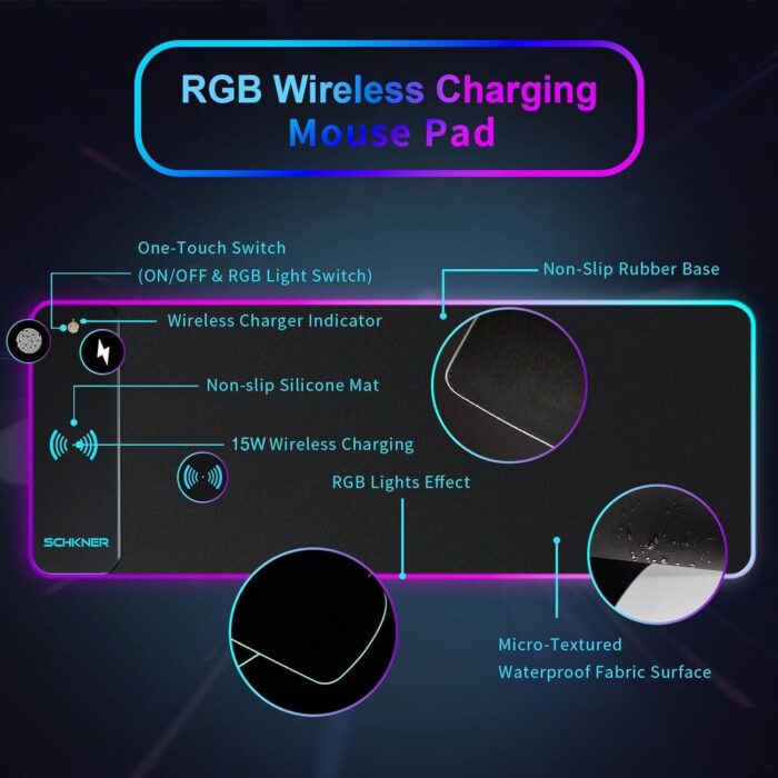 HYRAINBOW Gaming Mouse Pad with Wireless Charging, Large Mouse Pad with LED Light, Keyboard Pad with Non-Slip Rubber Base,Waterproof Desk Pad for Home Office Décor - Image 2