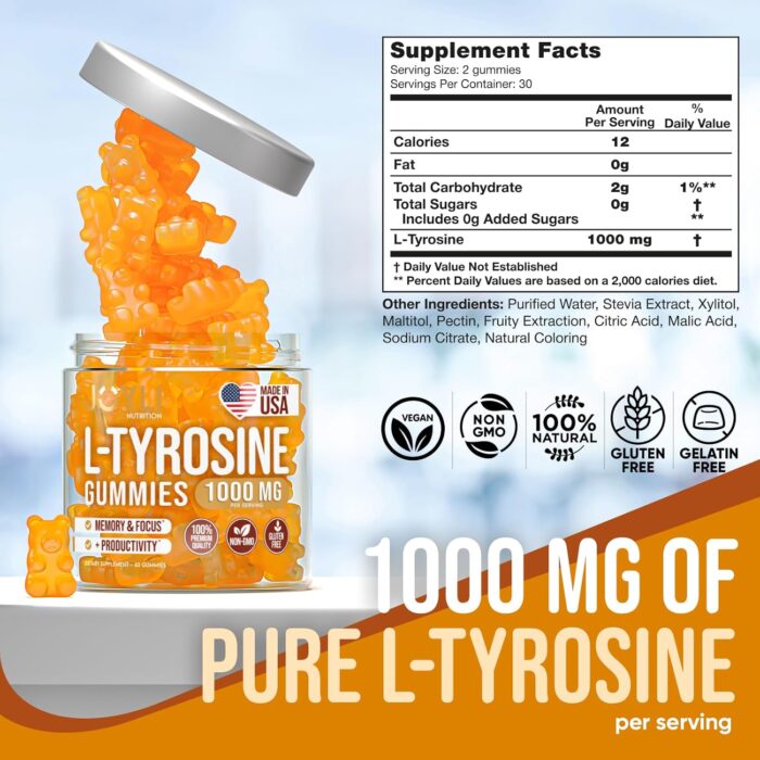 JOYLI Nutrition L Tyrosine Gummies - Organic L-Tyrosine 1000mg Focus Supplement for Mood Boost, Memory & Energy Levels - All-Natural & GelatinFree L- Tyrosine Calm Gummies - Vegan, Gluten-Free - Image 3