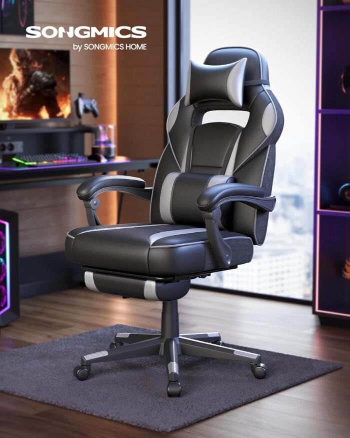 SONGMICS OBG073B03 Gaming Chair, Desk Chair with Footrest, Office Chair with Headrest and Lumbar Cushion, Height-Adjustable, Ergonomic, 90-135° Tilt Angle, Maximum Load 150 kg, Black/Grey - Image 2