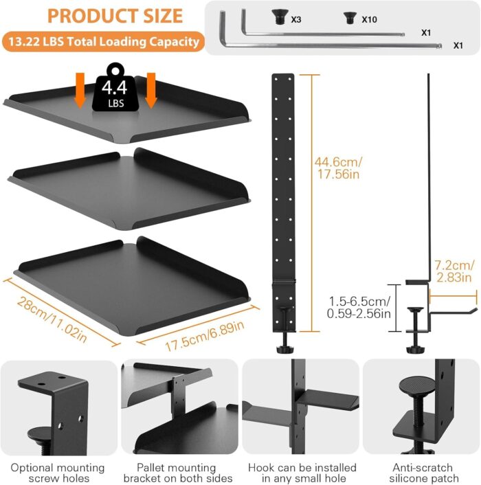 TERRIFI Desktop or Under Desk 3-Tier Shelving Unit, Clamp-On Shelf Organizer with Adjustable Metal Storage Tray and Headphone Stand, No Drilling Anti-Slip Desk Storage Shelf - Image 2