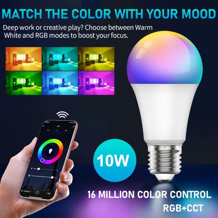 SKY-TOUCH 2Pcs Smart Led Bulb E27 Remote Control Color Adjustable Light Works With Amazon Alexa/Echo Google Home/Assistant, 190V/240V, 10W, 800 Lumens - Image 5