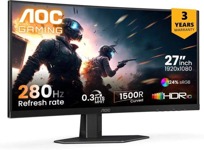 AOC C27G4ZE 27″ 280Hz Curved Ultra-Fast Gaming Monitor, 1920 × 1080 (FHD), 0.3ms, Fast VA, 1500R, Adaptive Sync, Three-sided frameless design, Black