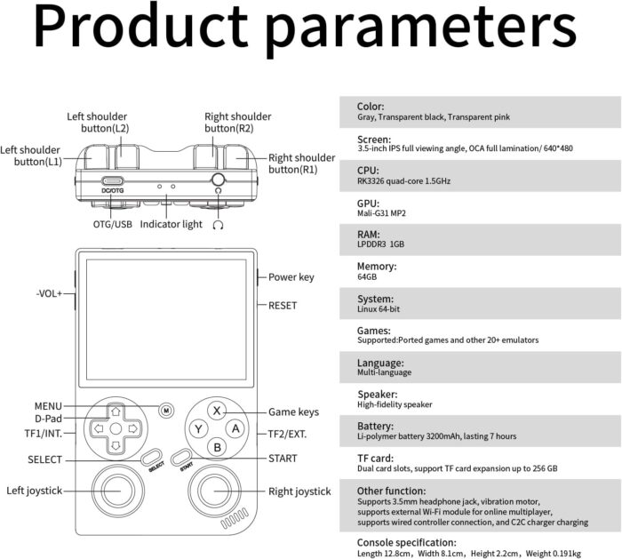 G350 Handheld Game Console , 3.5 Inch IPS Screen Linux System 3200 mAh Battery 4371 Games Preloaded , Portable Retro Video Games Console Support Wired Controller and Earphone (Transparent Black) - Image 9