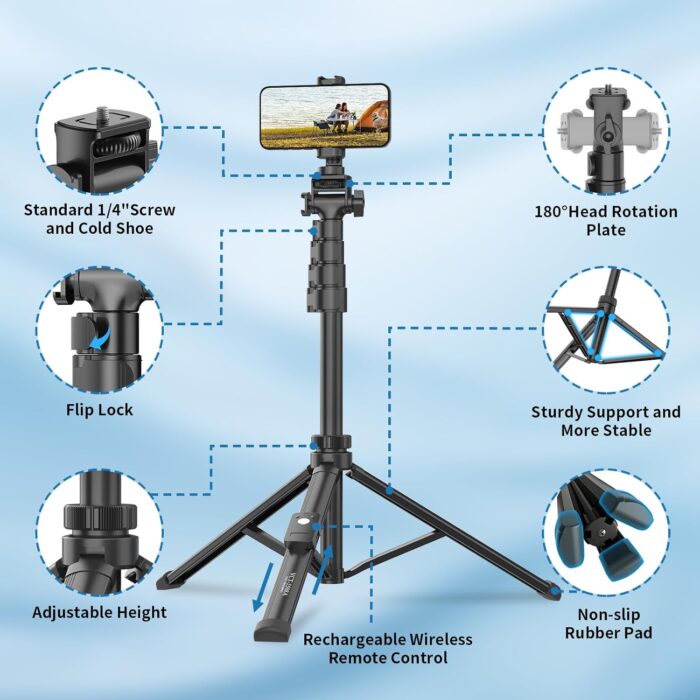 TONEOF 170cm Phone Camera Tripod Stand with Remote & Phone Holder, Tripod for Travel/Video Recording,Tall Smartphone Tripod Compatible with iPhone/Android//Webcamera - Image 6