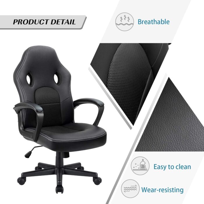 Furmax Office Desk Leather Gaming, High Back Ergonomic Adjustable Racing Task Swivel Executive Computer Chair Headrest and Lumbar Support (Black) - Image 4