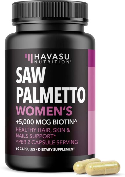 HAVASU NUTRITION Saw Palmetto + Biotin Supplement | DHT Blocker Hair Health Vitamins Capsule| Women with PCOS or Post-Partum Hair Loss | 60 Vegan Biotin Vitamins to Help Support Hair Health